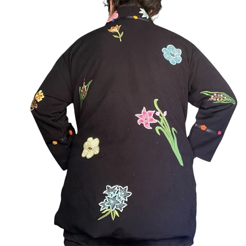 Anage Black Floral Embroidered Open Front Jacket 3D Ribbon Flowers Polka Dot OS‎ - Picture 4 of 16